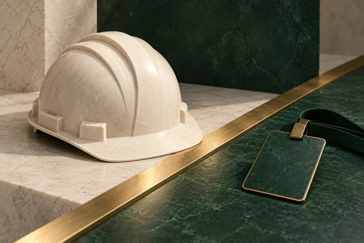 Un casco de construcción de color marfil y un pase laboral verde reposan junto a una línea divisoria de latón.