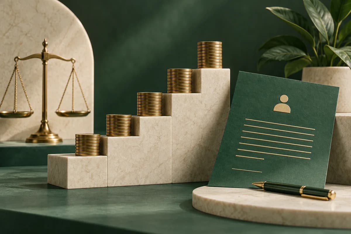 A brass wage ladder rises beside ivory workplace blocks and a green contract.