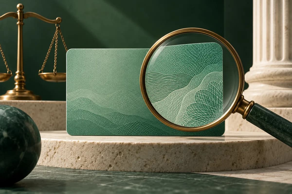 A brass magnifying lens reveals layered security patterns on a blank green card.