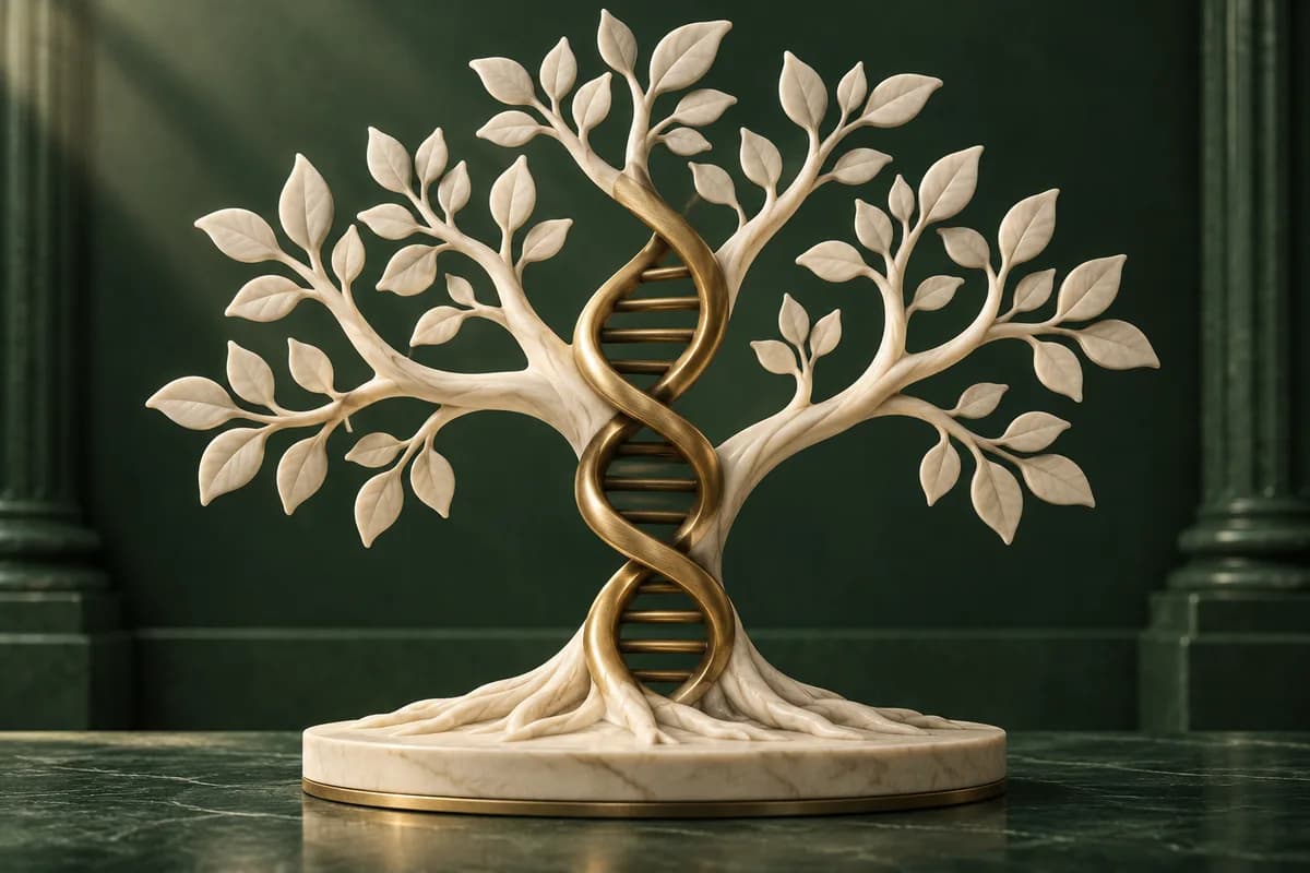 A brass DNA helix connects the branches of an ivory family tree.