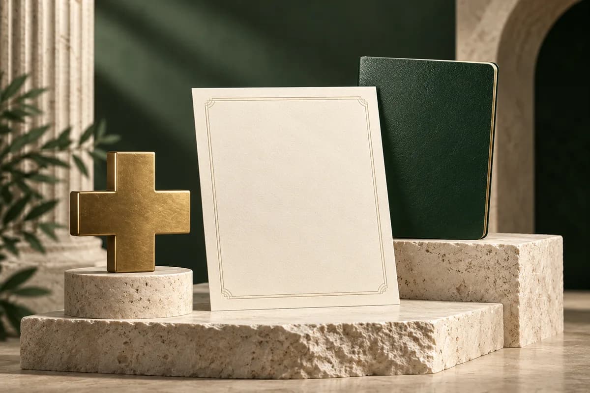 Un certificado médico en blanco de color marfil junto a un pasaporte verde y una cruz clínica de latón.