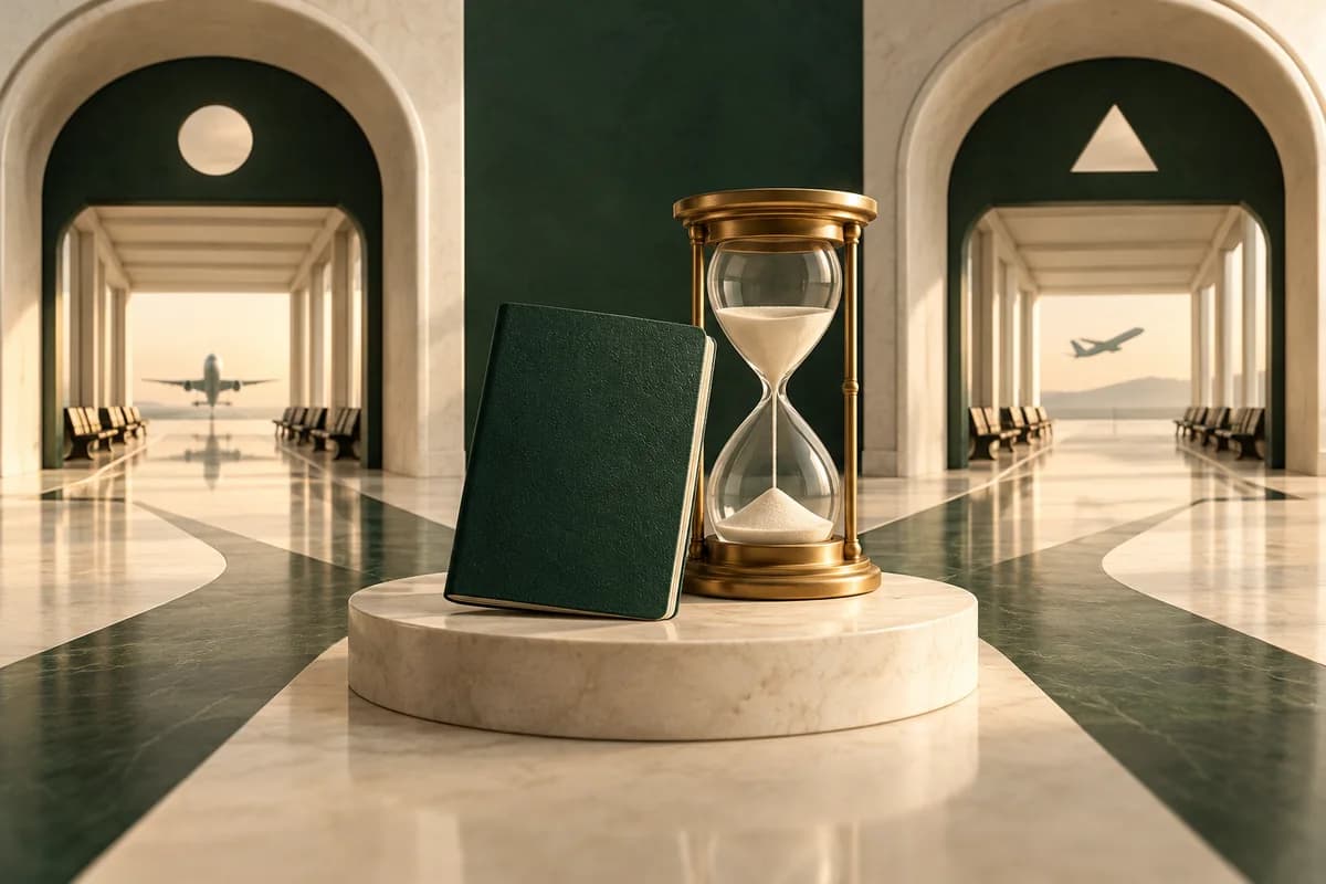 Two ivory airport corridors flank a green passport and brass hourglass.