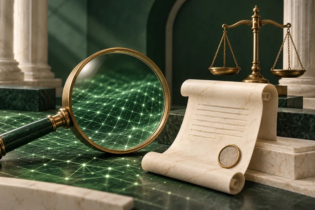 A brass lens examines a green digital grid beside an ivory legal order and scales.