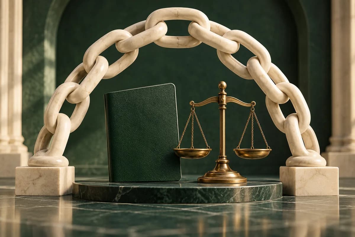 An ivory chain forms a protective arch above a green passport and brass scales.