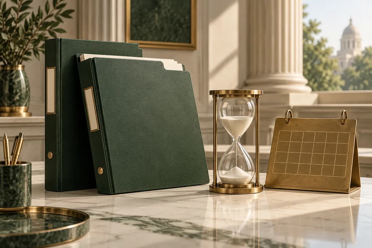 Dos carpetas verdes de documentos junto a un reloj de arena de marfil y un calendario de latón en cuadrícula.
