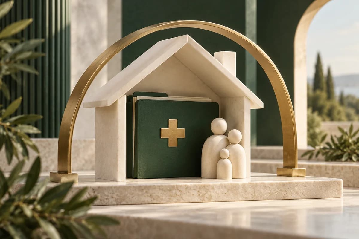 Una casa de color marfil resguarda una carpeta médica verde bajo un arco de latón y figuras familiares abstractas.