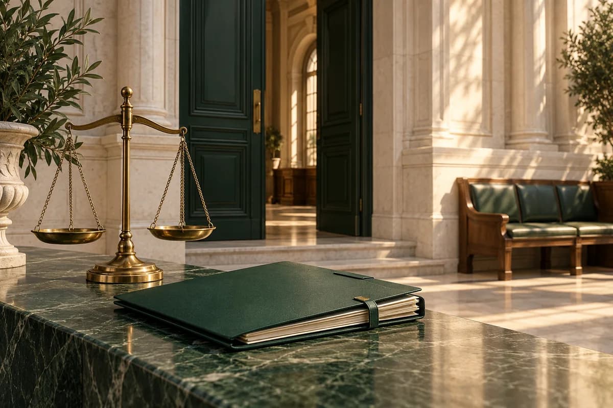 An ivory courthouse doorway, green asylum folder and brass balance stand beside an empty waiting bench.