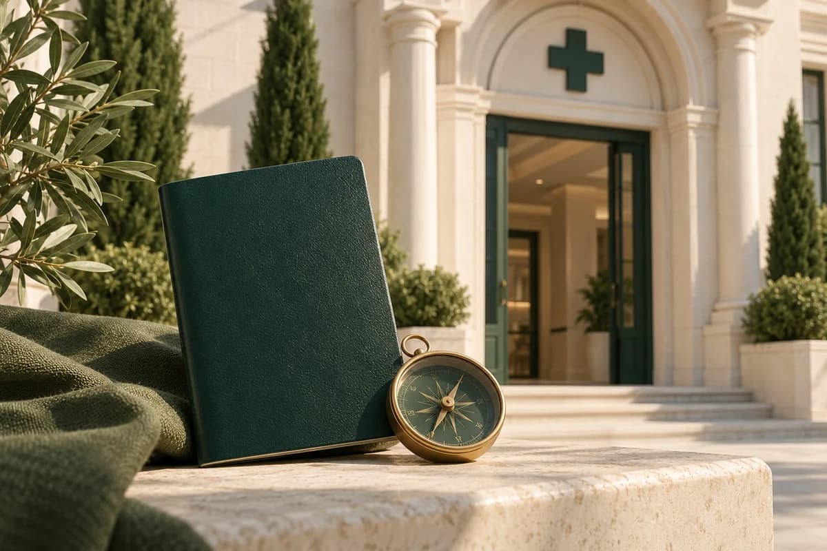 Una clínica de color marfil, un pasaporte verde y una brújula de latón simbolizan la verificación de documentos médicos para viajes.