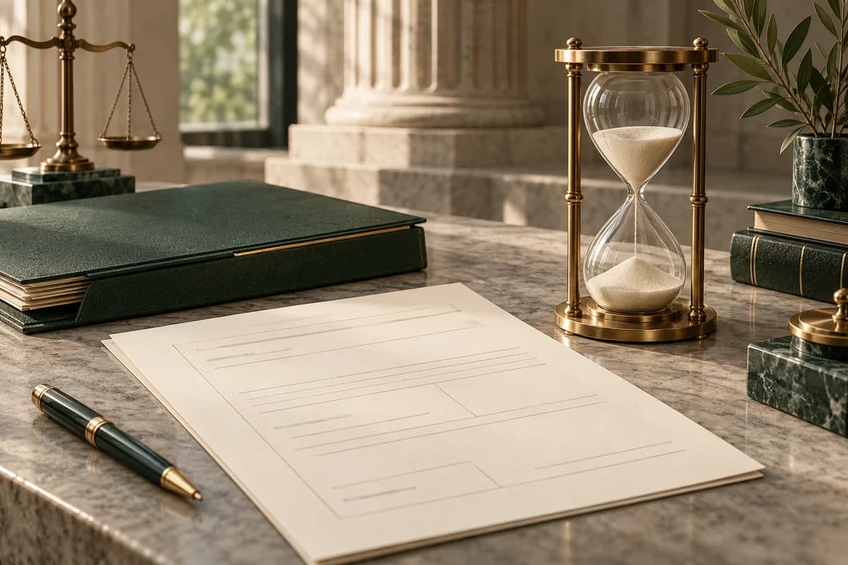 An ivory court form lies beside a brass hourglass and green litigation folder.