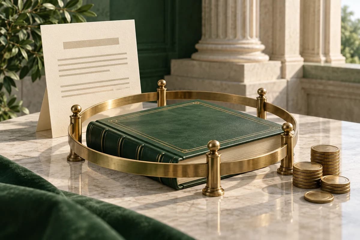An ivory bank notice and brass protective ring surround a green account ledger and coins.