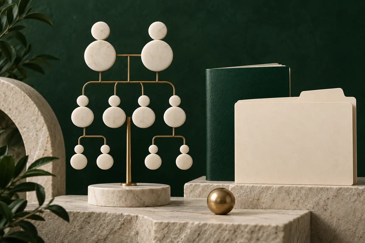 Abstract ivory family-tree circles connect with brass lines beside a green passport and birth-record folder.