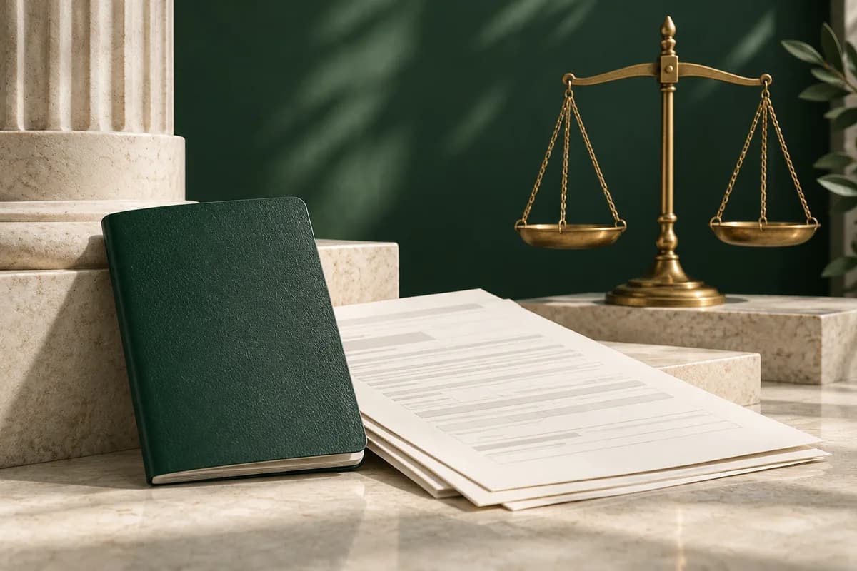 Un pasaporte verde, formularios de solicitud color marfil y una balanza de latón simbolizan las solicitudes ante los tribunales de inmigración.