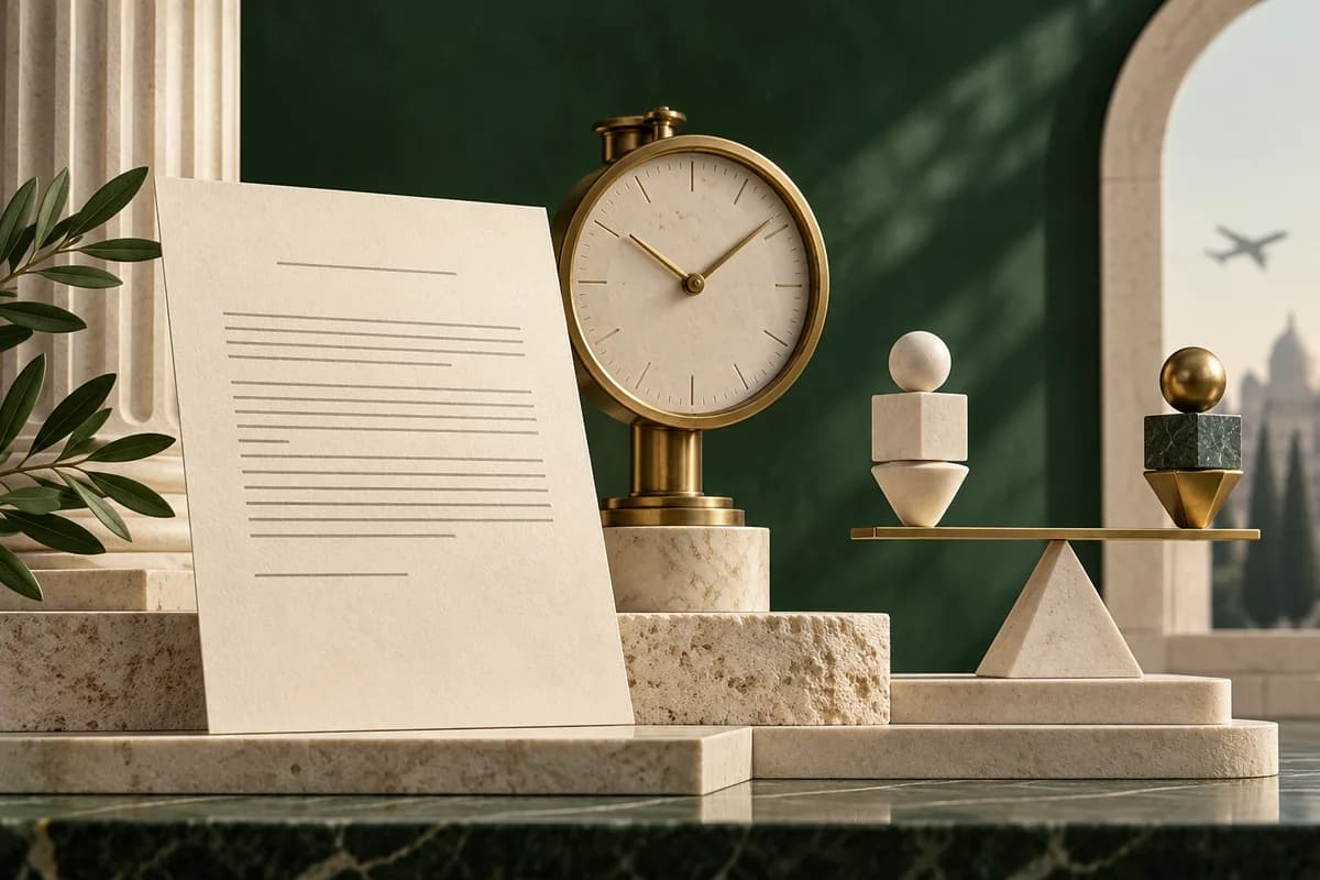 Una notificación legal de color marfil, un reloj de latón y pesas geométricas simbolizan una revisión de sanciones sujeta a plazo.