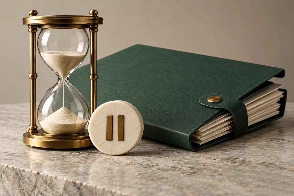 A brass hourglass with an ivory pause marker beside a green application file on pale northern stone.
