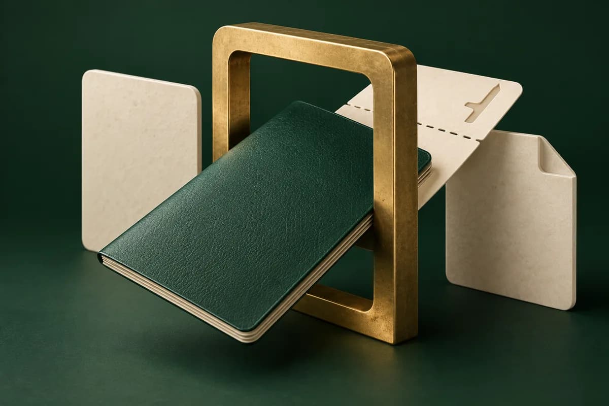 Pasaporte verde atravesando una puerta simbólica de latón junto a documentos marfil.