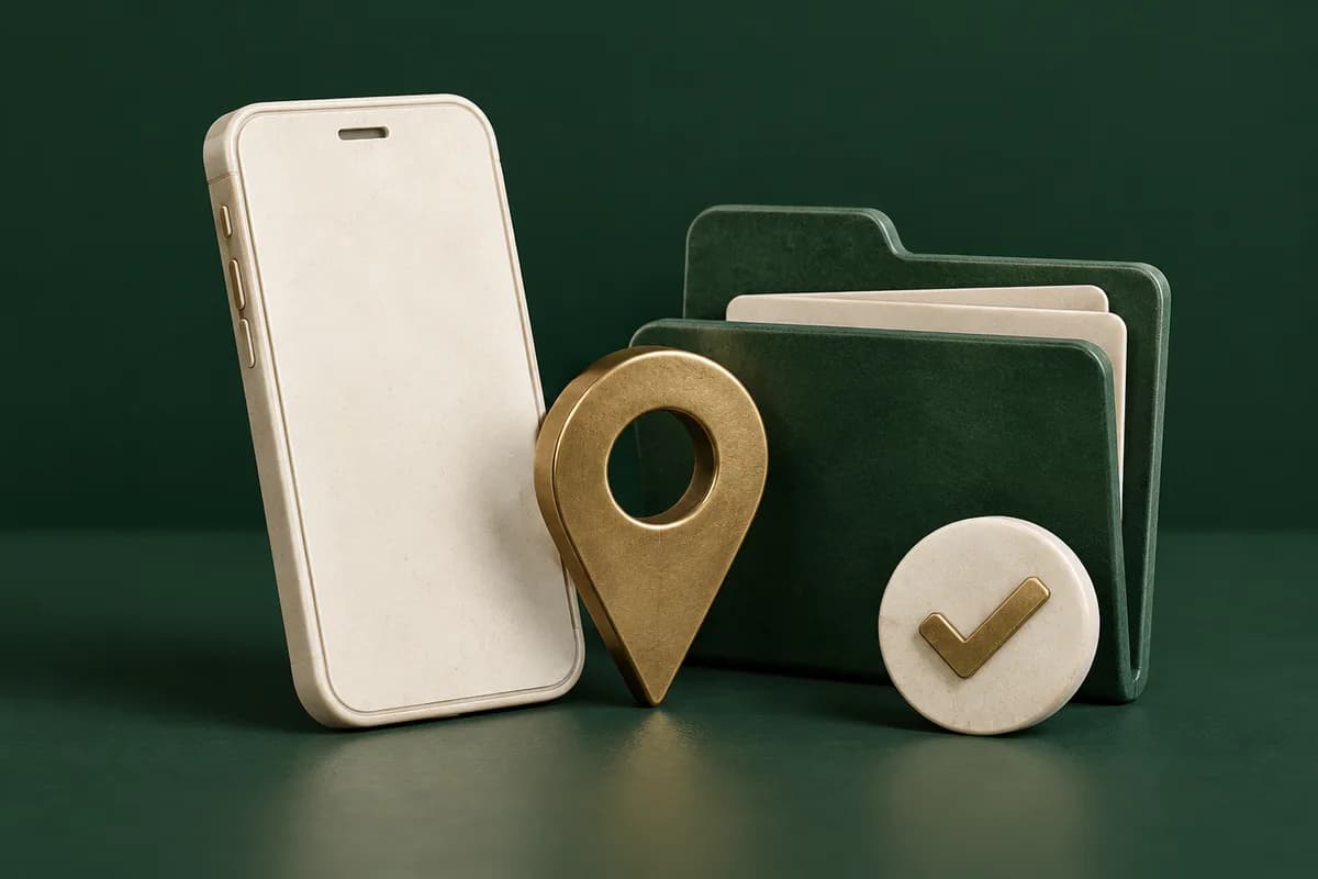 An ivory smartphone with a simple brass location pin beside a green folder and a small confirmation circle, no readable interface.