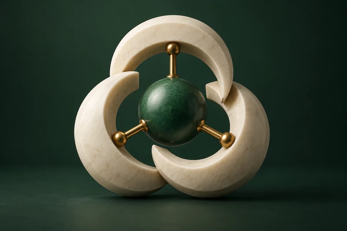 Tres formas marfil entrelazadas rodean una esfera verde unida por conectores de latón.