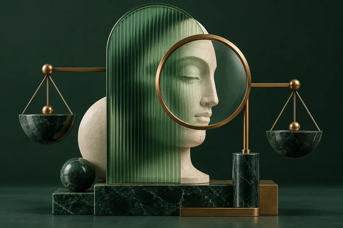 Rostro escultórico marfil tras un panel verde con una lupa y balanzas de latón.