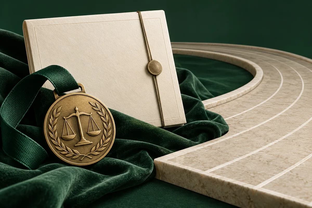 Medalla deportiva de latón sobre tela verde junto a una carpeta marfil y una pista de atletismo simbólica.