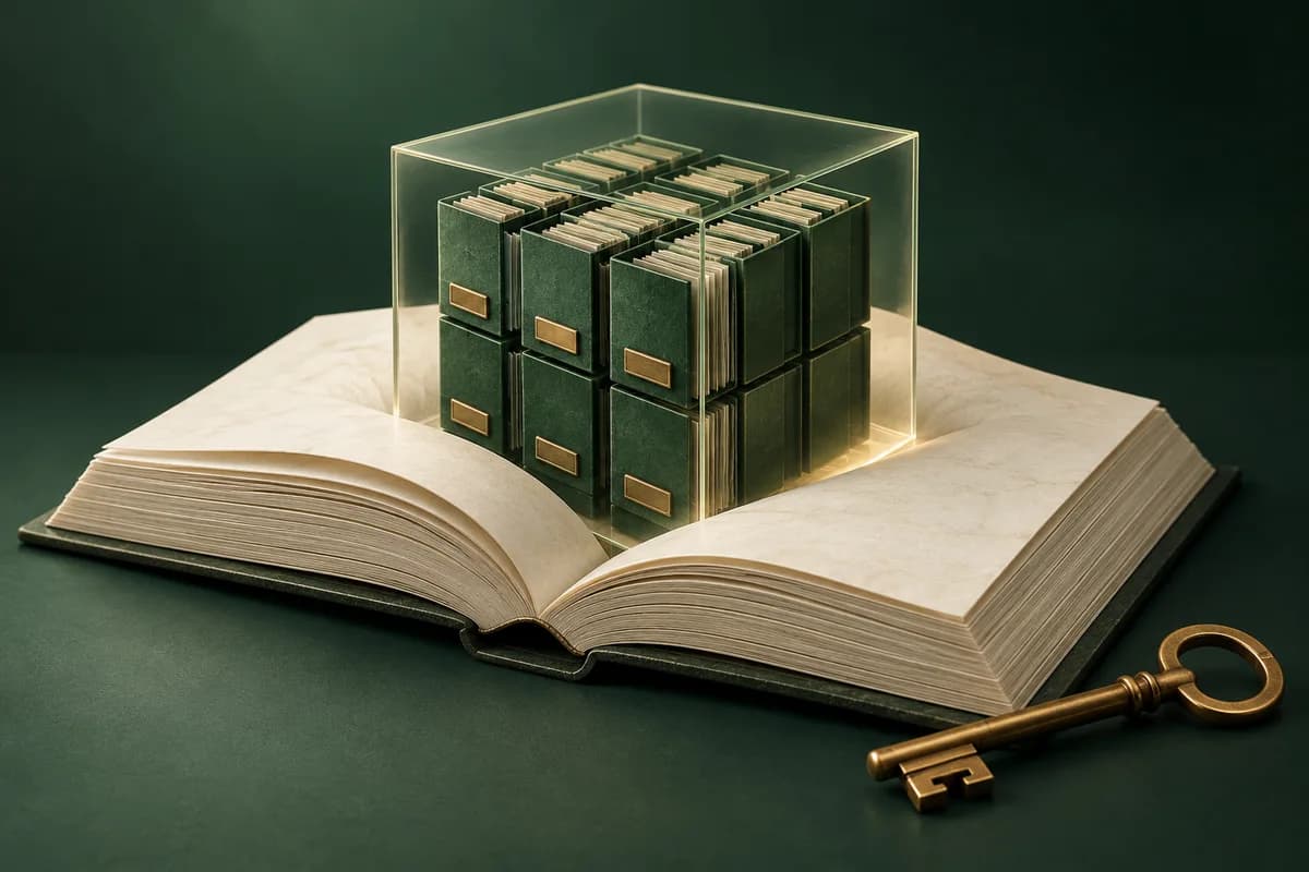 Libro marfil abierto con un archivo verde protegido por una cubierta transparente y una llave de latón.