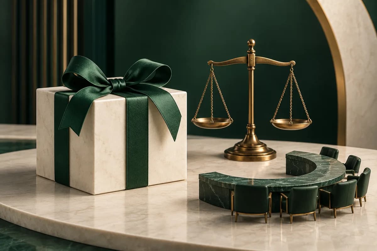 Caja de regalo marfil con cinta verde junto a una balanza de latón y asientos de conferencia.
