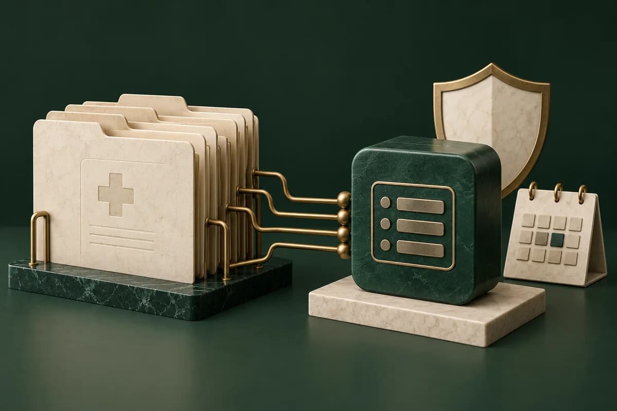 Expedientes médicos marfil conectados a un módulo verde con un escudo y un calendario simbólicos.