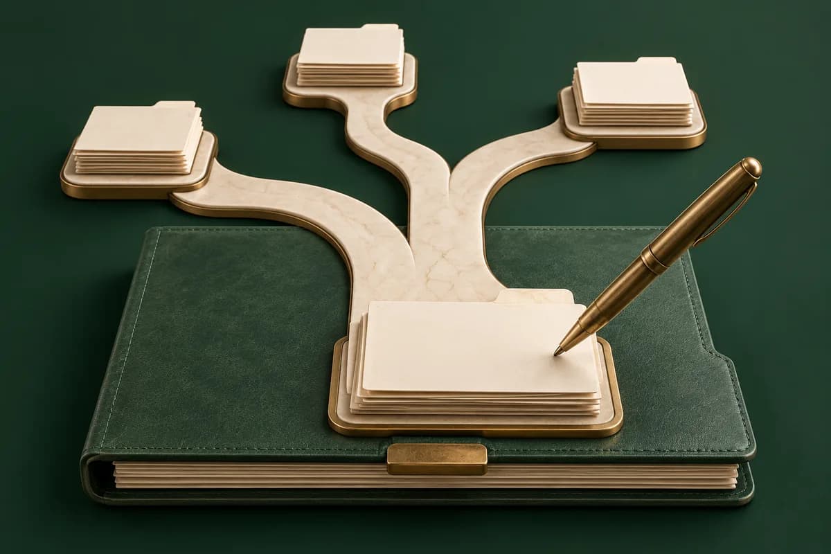 A green travel folder with several ivory branching pathways and a brass pen marking a blank individual file.