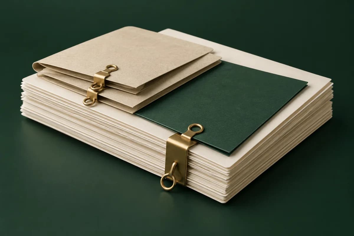 An ivory application stack with two smaller annex folders and a green employment document joined by brass clips.