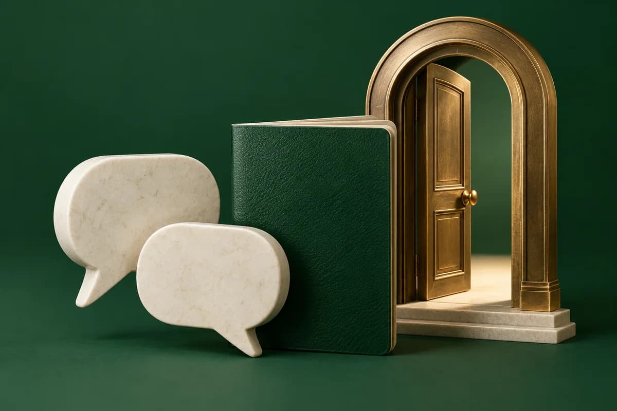 Two ivory speech bubbles beside a green passport and a brass doorway.