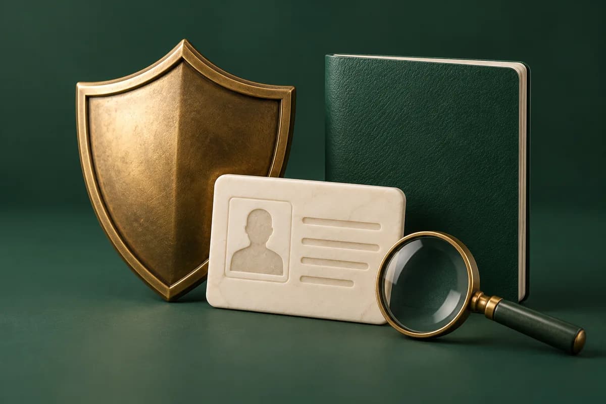 Escudo de latón junto a una tarjeta de identificación color marfil, un pasaporte verde cerrado y una lupa.