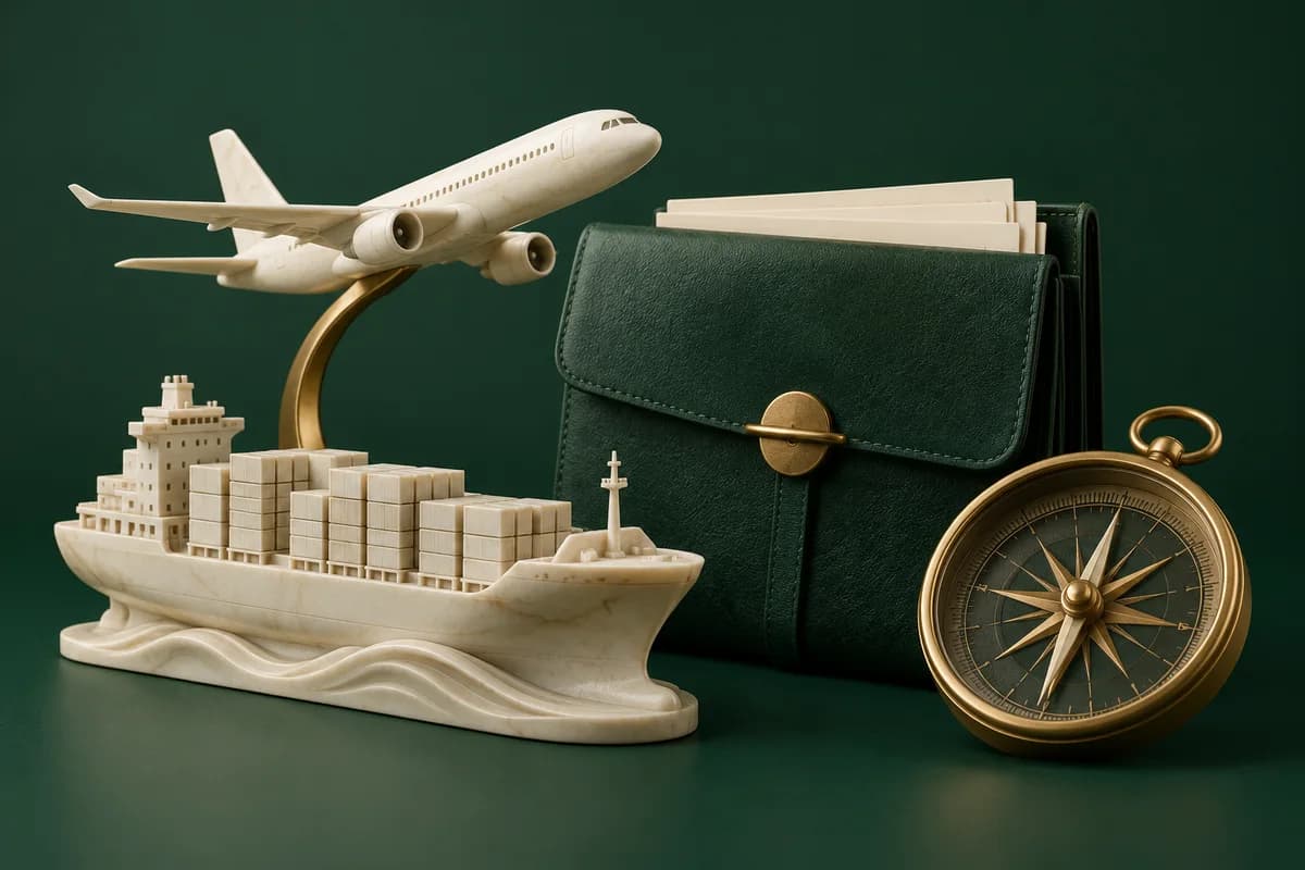 Avión y barco en miniatura color marfil junto a una cartera documental verde y una brújula de latón.