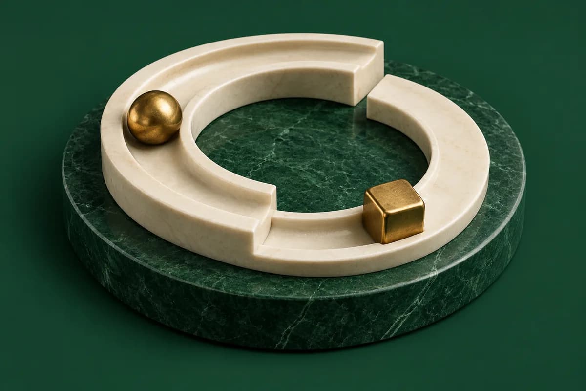 Dos fichas de latón de formas diferentes circulan por un canal color marfil sobre una base verde.