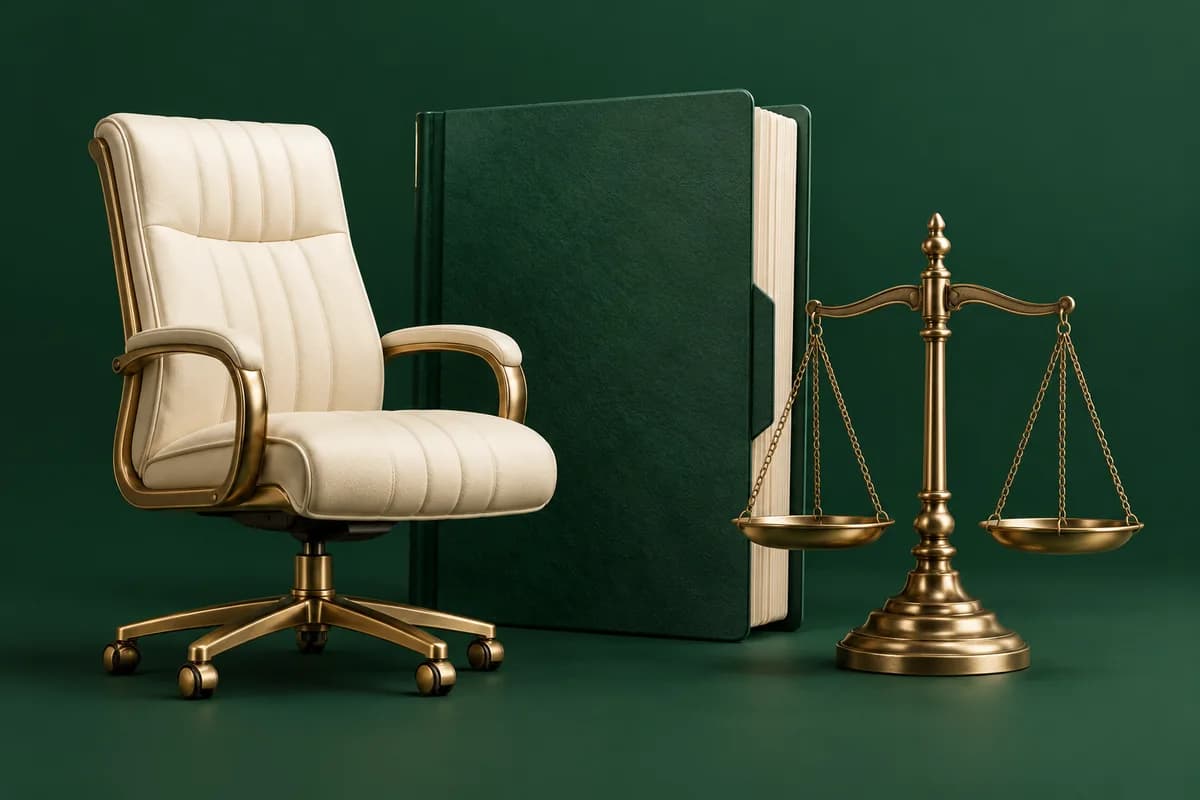 Silla de consejo color marfil junto a una carpeta societaria verde y una balanza judicial de latón.