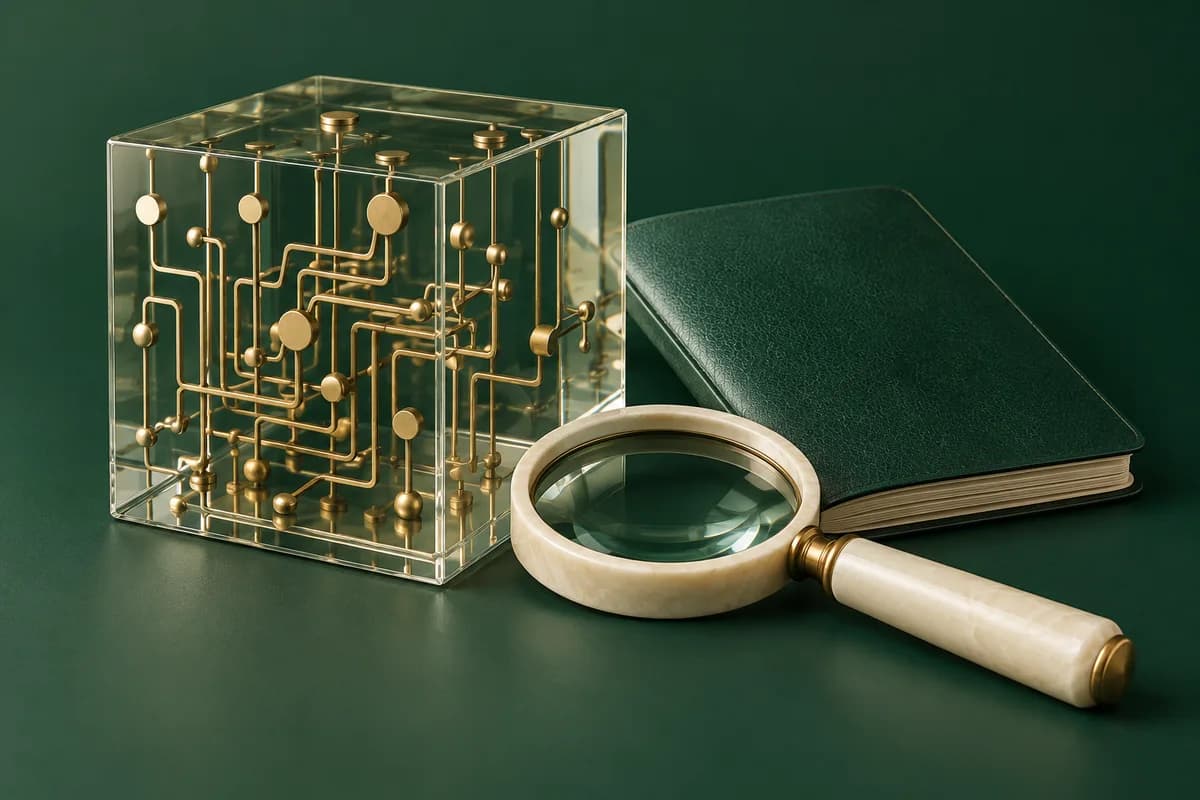 A transparent glass cube containing brass circuit paths beside a green passport and an ivory magnifying glass.