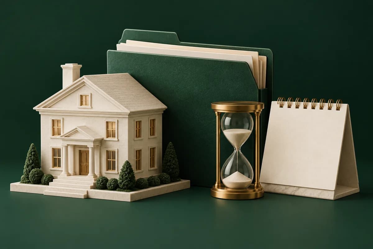 Casa color marfil junto a una carpeta fiscal verde, un reloj de arena de latón y un calendario en blanco.