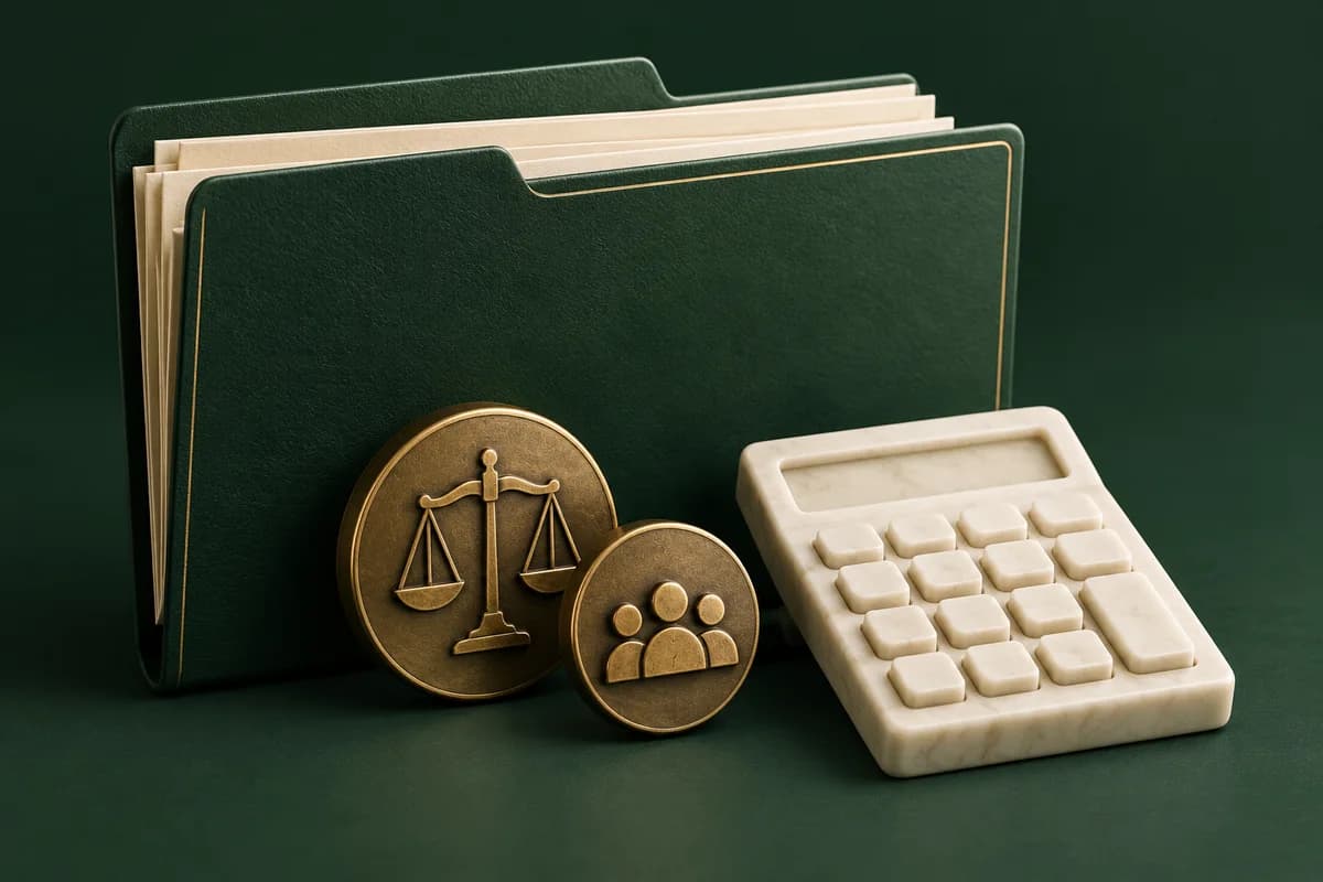 Carpeta empresarial verde junto a dos fichas de latón y una calculadora color marfil con teclas en blanco.