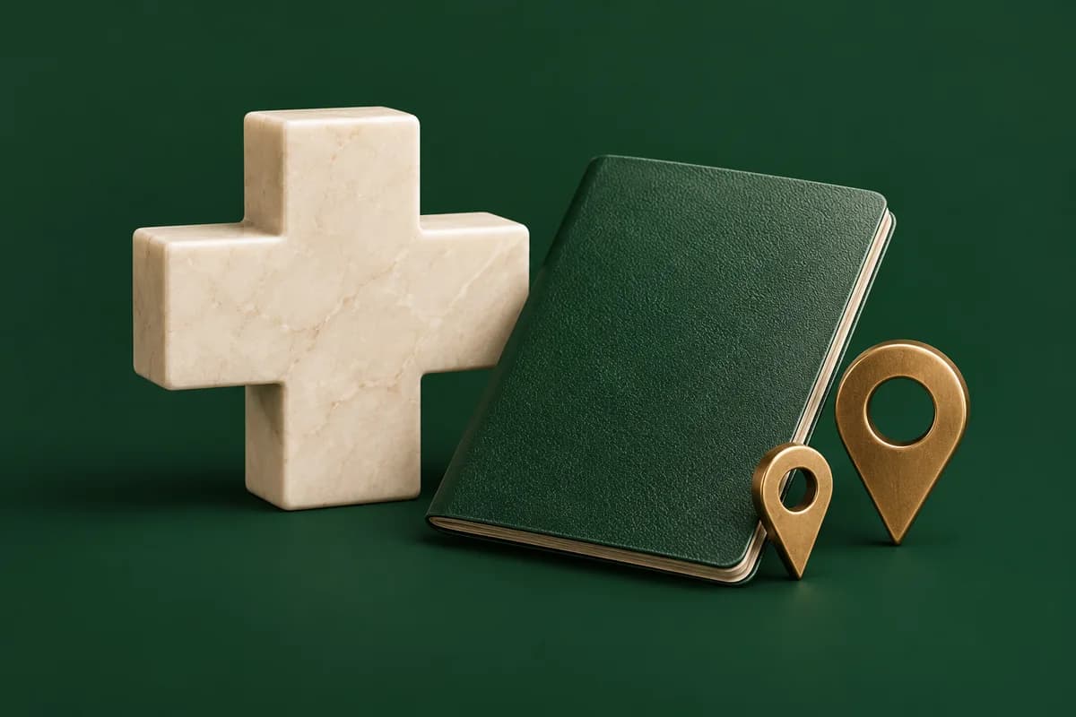 Cruz médica color marfil junto a un pasaporte verde y dos marcadores de ubicación de latón.