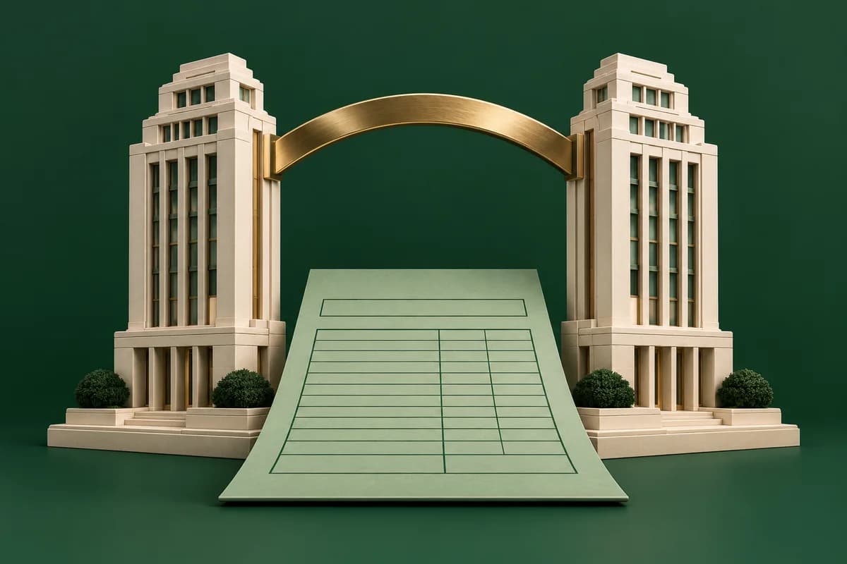 Dos edificios color marfil unidos por un arco de latón sobre una factura estructurada verde sin texto.