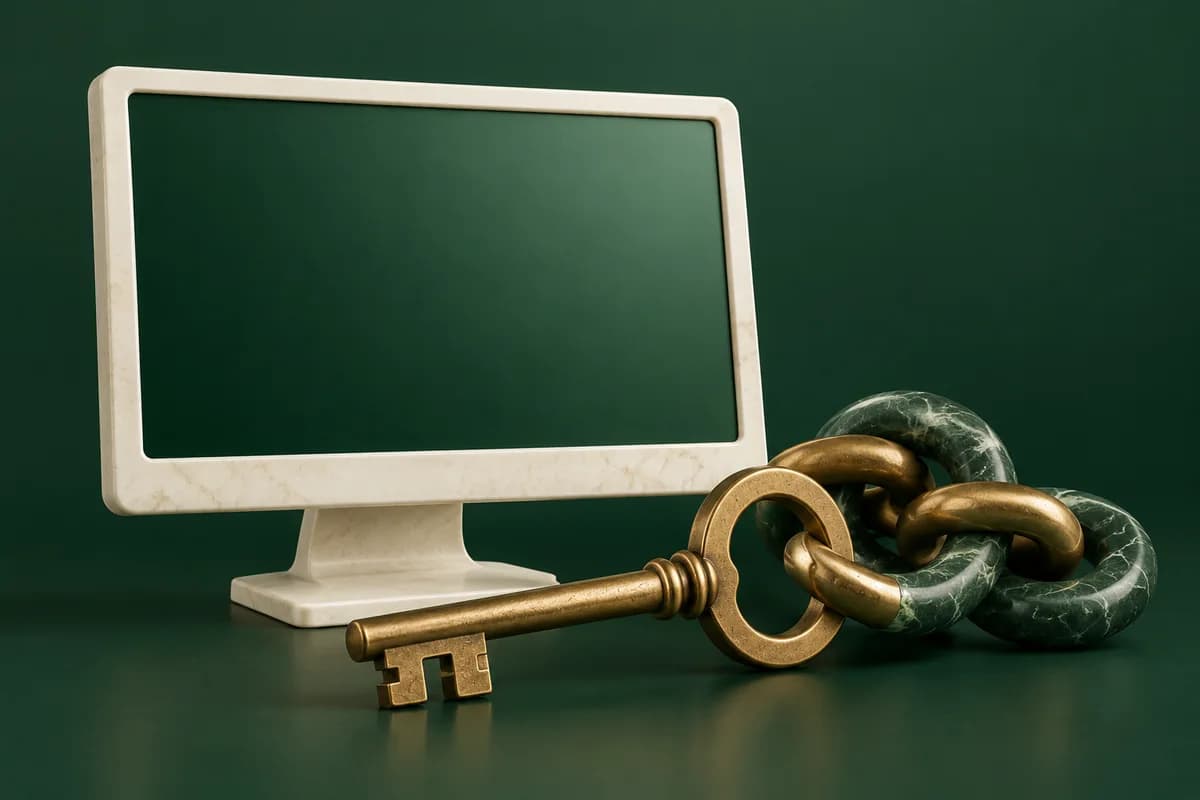 An ivory computer monitor with a blank green screen beside a brass key and linked chain loops.