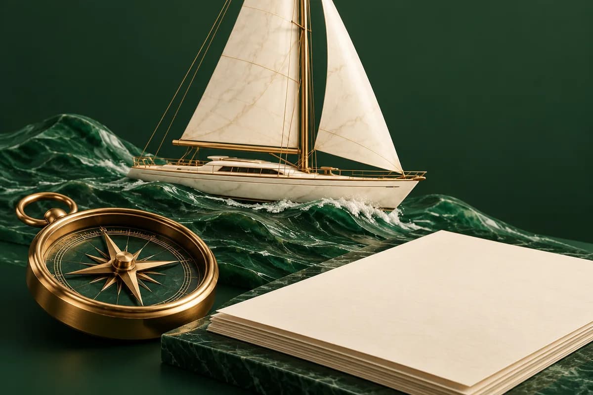 Velero color marfil sobre un mar verde junto a una brújula de latón y un documento en blanco.