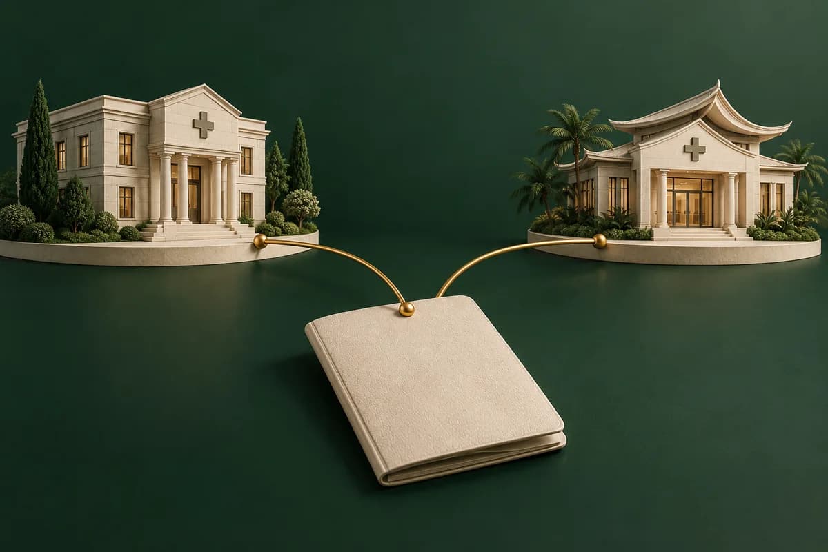 Two separate ivory clinic buildings connected by a brass travel line to a blank passport.