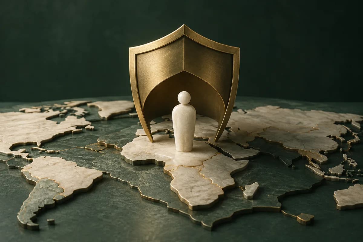 A solitary ivory human-shaped marker under a brass shield on a layered map.