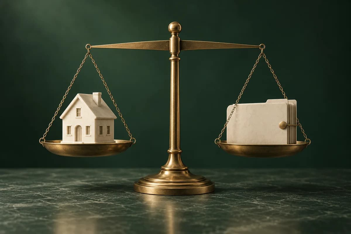 A brass balance holding an ivory home on one side and a closed case folder on the other.