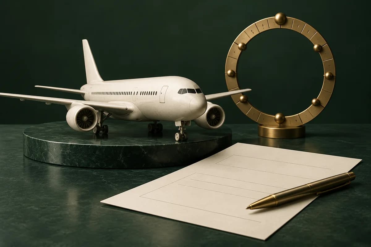 An ivory aircraft beside a blank signed-style form and a brass circular calendar ring.