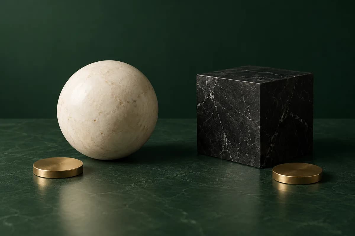 Una esfera de marfil y un cubo de piedra oscura junto a dos discos de latón.
