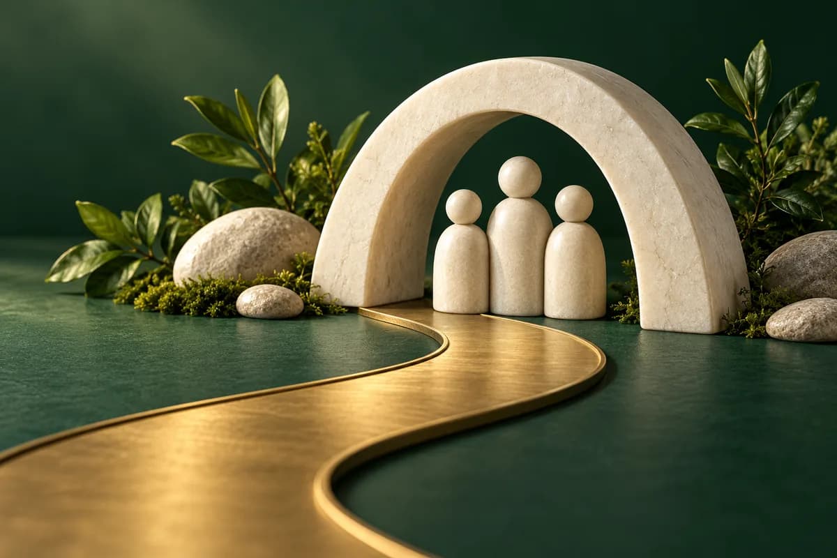 Tres formas abstractas de marfil bajo un arco con sendero de latón.