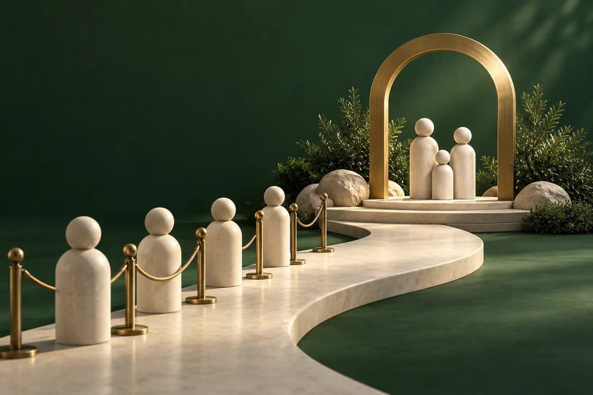Ivory geometric figures and a brass arch beside a winding path.
