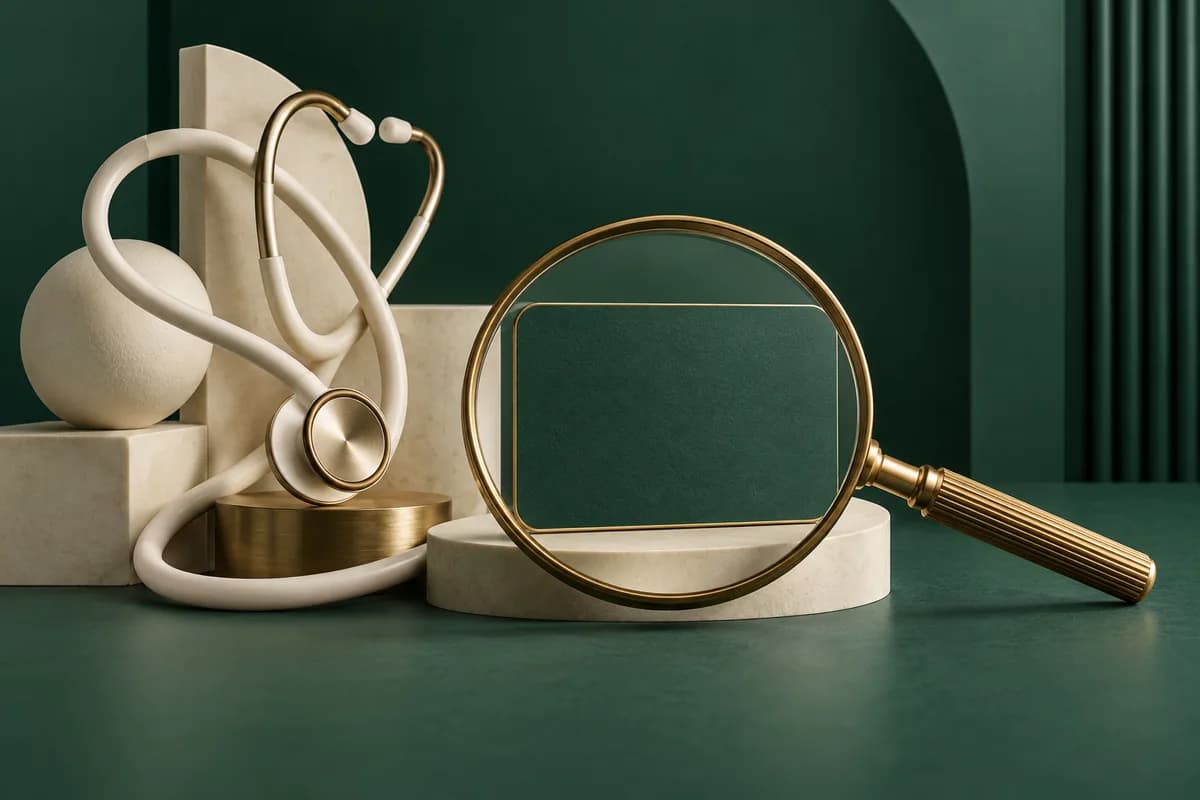 Una lupa de latón reposa sobre un panel de mensajes verde en blanco junto a una escultura de marfil de un dispositivo médico.