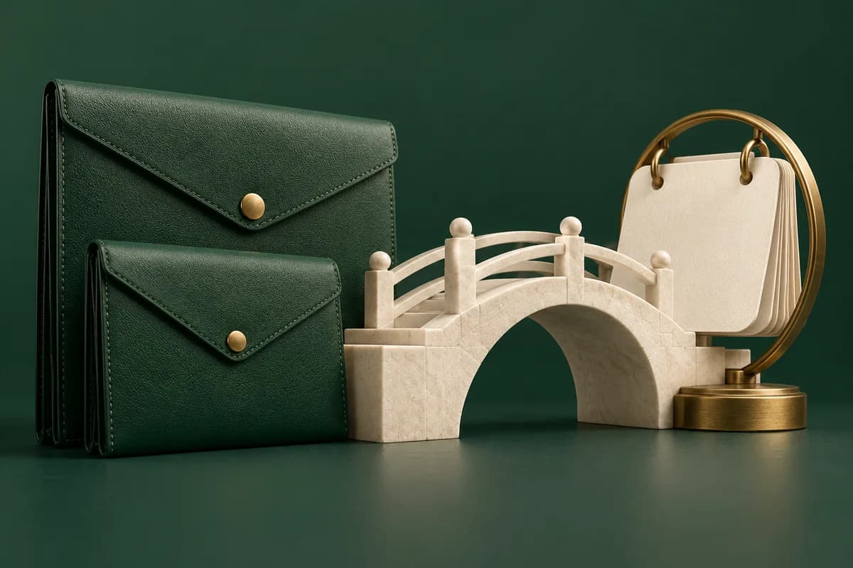 Dos pasaportes verdes sobre un puente marfil, con una carpeta y un arco protector de latón.