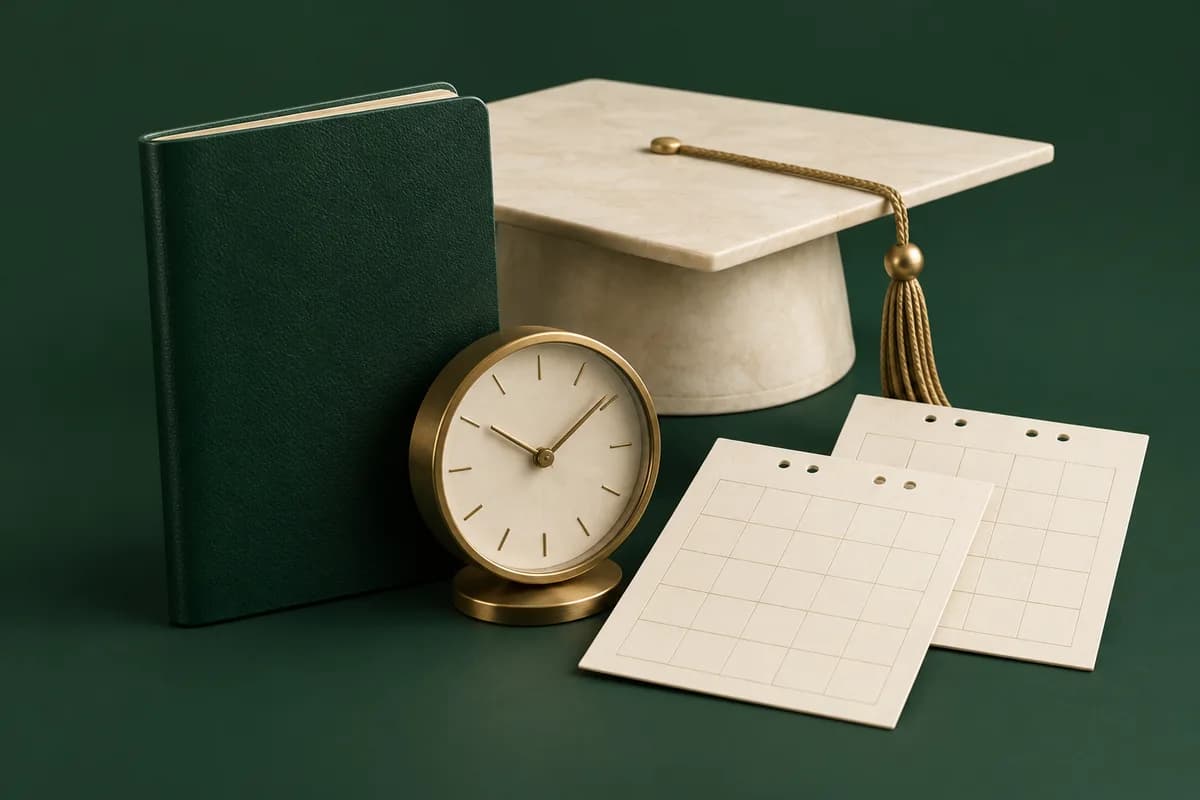 Pasaporte verde junto a un birrete marfil, un reloj de latón y dos hojas de calendario en blanco.